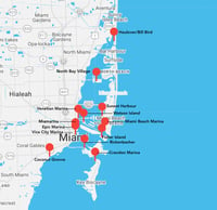 Mappa delle marine di Miami: Haulover/Bill Bird, North Bay Village, Venetian Marina, Sunset Harbour, Watson Island, Miami Beach Marina, Miamarina, Epic Marina, Vice City Marina, Fisher Island, Rickenbacker, Crandon Marina e Coconut Grove