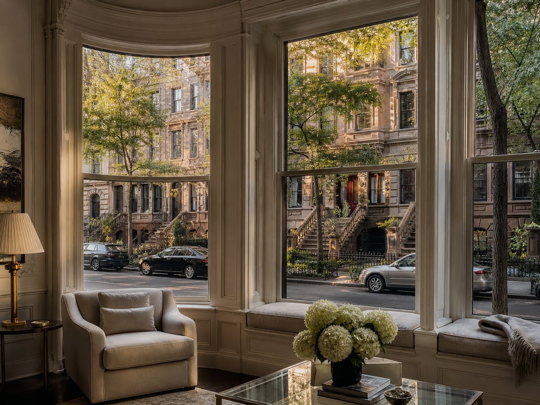 NYC brownstone interior — parlor floor with bay windows overlooking a classic Brooklyn brownstone block
