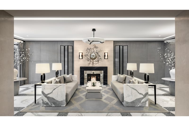 40 Bleecker lobby with marble floors and fireplace
