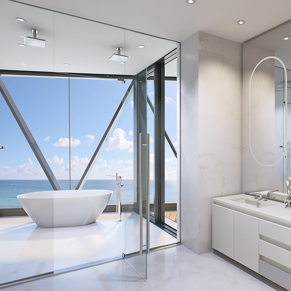 Bentley Residences spa-inspired master bathroom with freestanding tub and luxury stone finishes