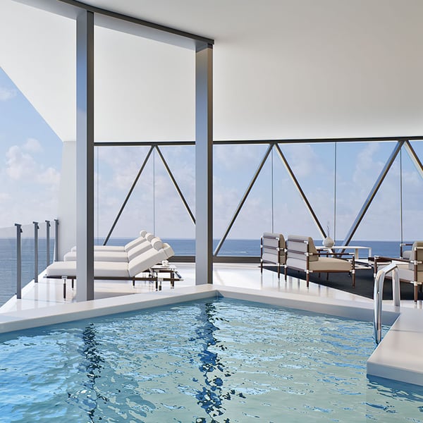 Bentley Residences private balcony pool with raised sundeck and panoramic ocean views