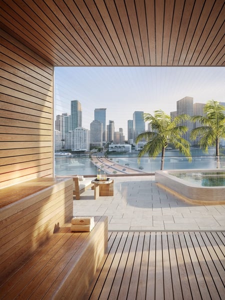 Primary bathroom with Dornbracht fixtures, Duravit smart toilet, and soaking tub at Mandarin Oriental Residences Miami