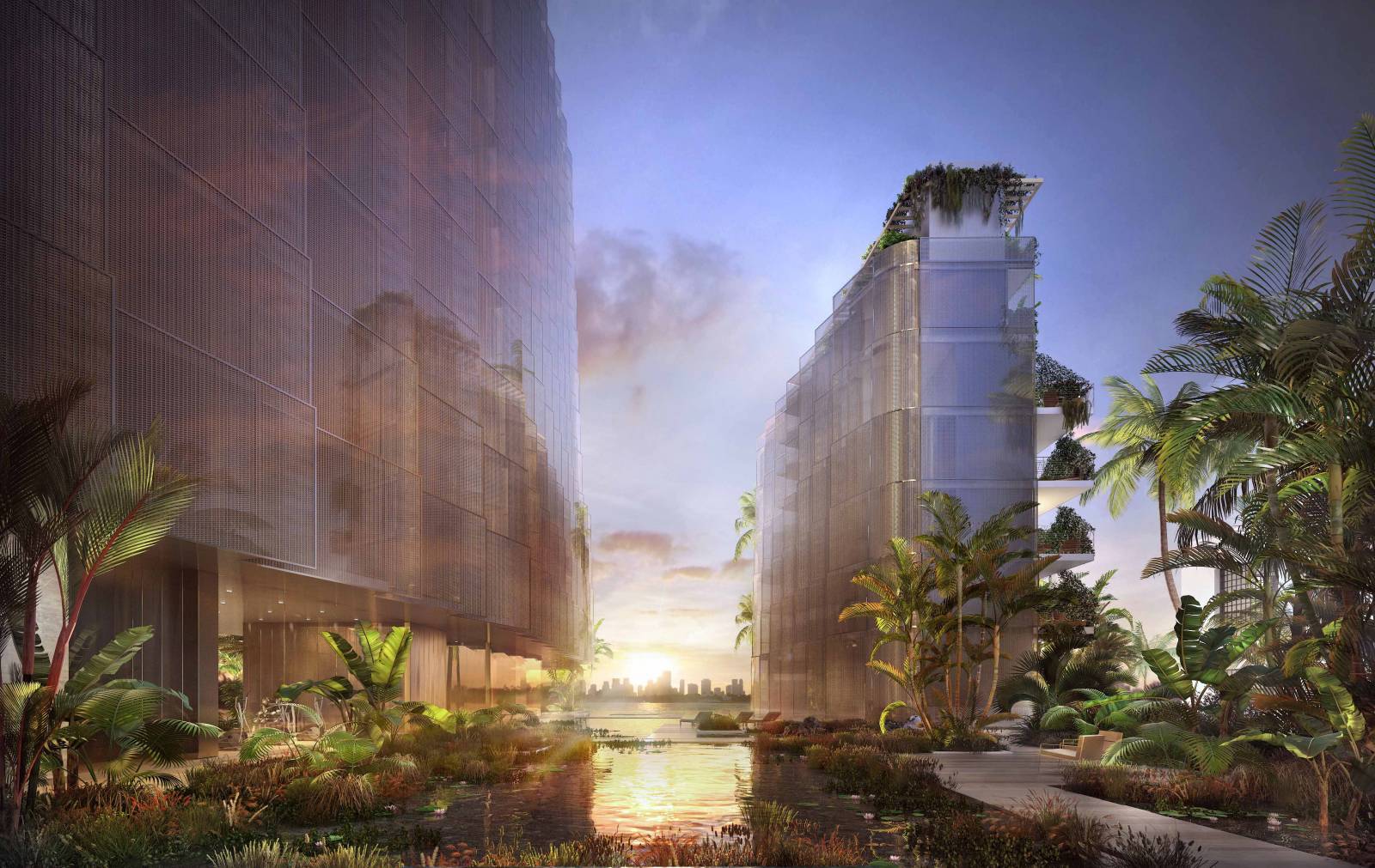 Miami Beach oceanfront luxury condominiums at golden hour