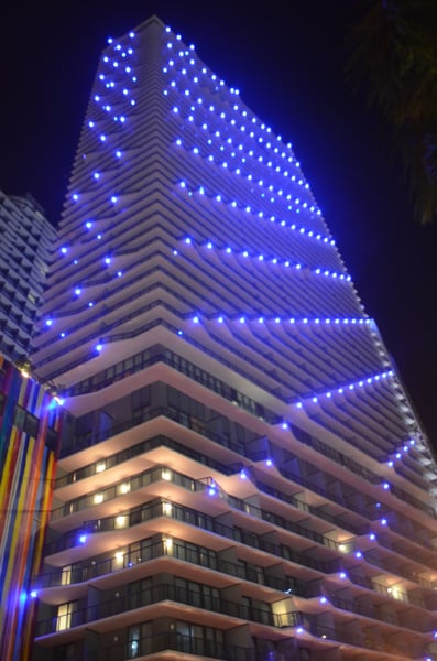SLS Brickell tower with illuminated balconies at 1300 S Miami Avenue in Brickell