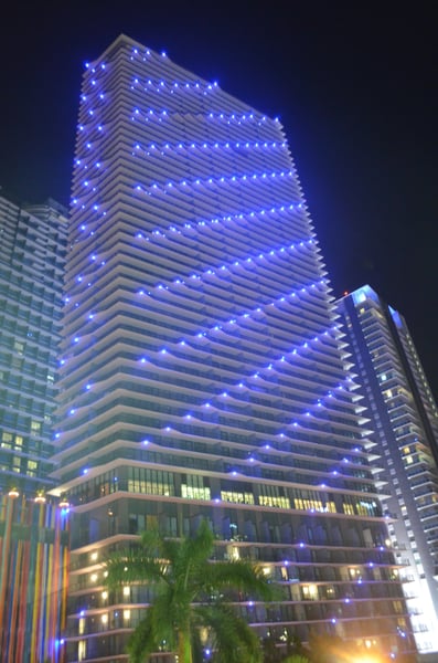 SLS Brickell balcony facade and blue evening lights in Brickell Miami