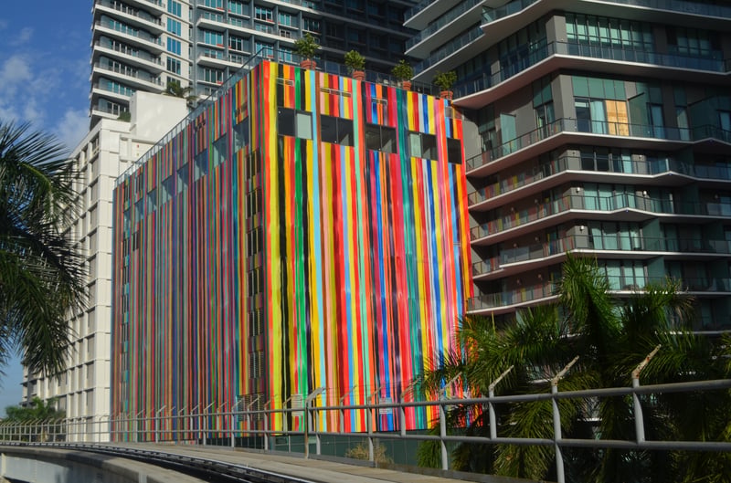 Colorful SLS Brickell mural and podium detail in Miami