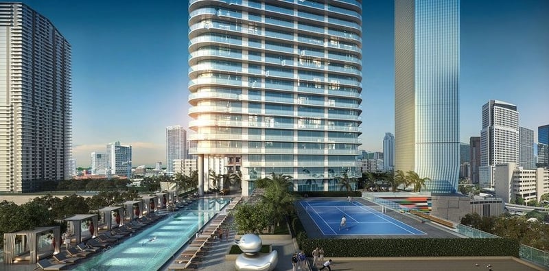 SLS Lux Brickell tower and amenity deck at 801 S Miami Avenue