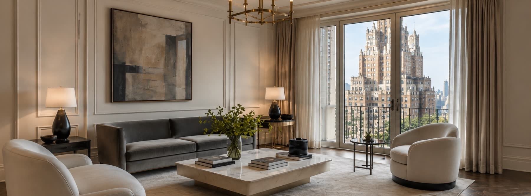 Salon trofialnego apartamentu na Manhattanie z widokiem na Central Park i przedwojenną wieżę
