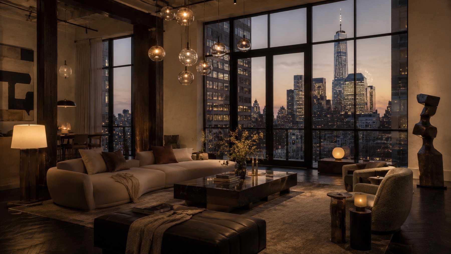 Kondominium na wysokim piętrze na Manhattanie z widokiem na panoramę Downtown i One World Trade