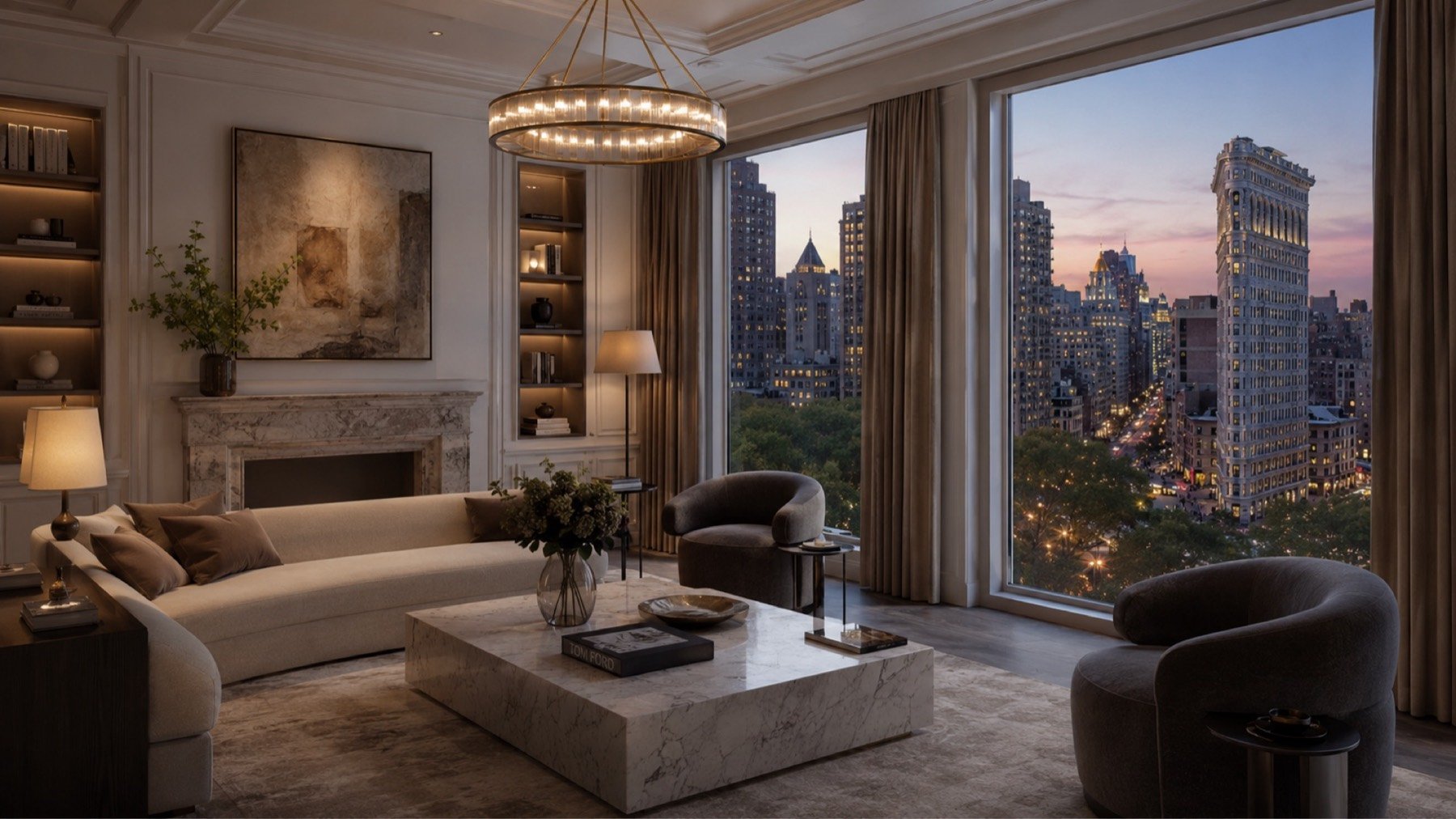Luksusowy salon na Manhattanie z widokiem na Flatiron Building i panoramę Midtown o zmierzchu