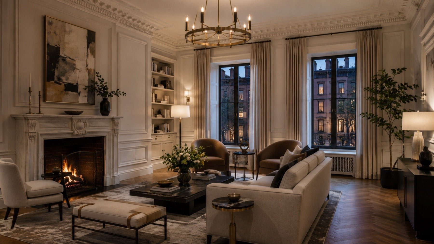 Klasyczny przedwojenny salon na Manhattanie, typowe drugie lokum pied-à-terre