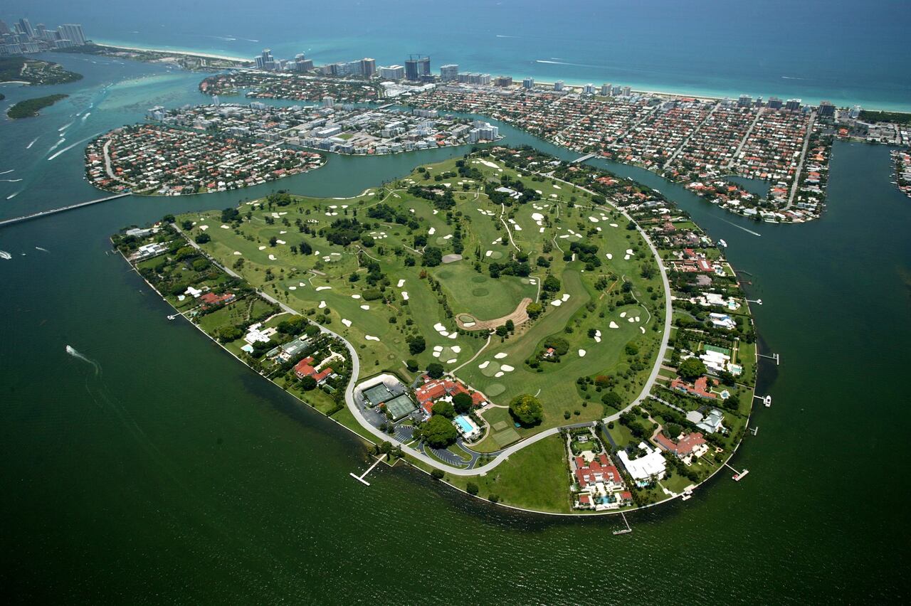 Aerial view of Indian Creek Village island, golf course and waterfront estates