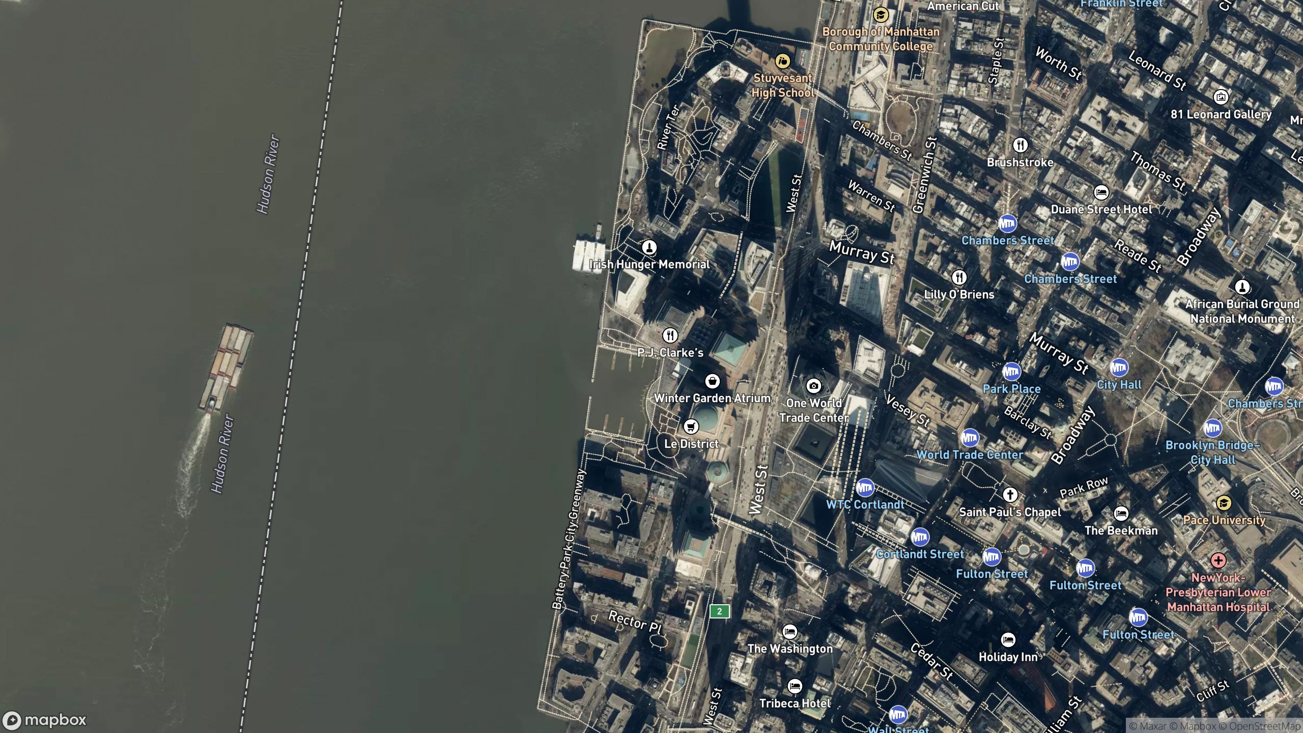 Satellite view of Battery Park City along the Hudson River