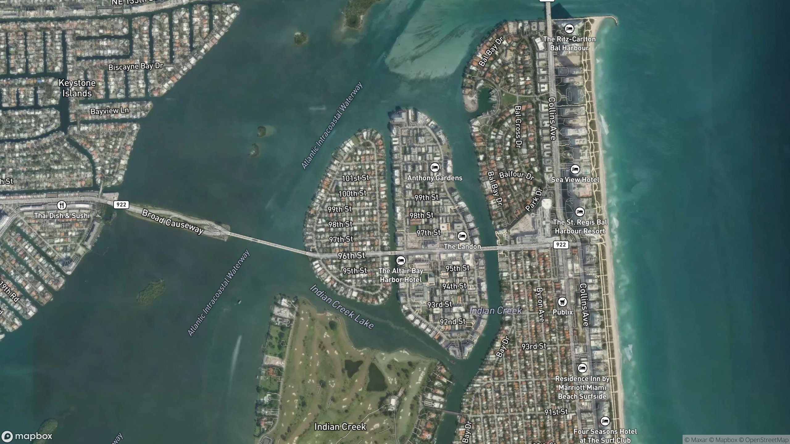 Satellite view of Bay Harbor Islands showing its two-island geography