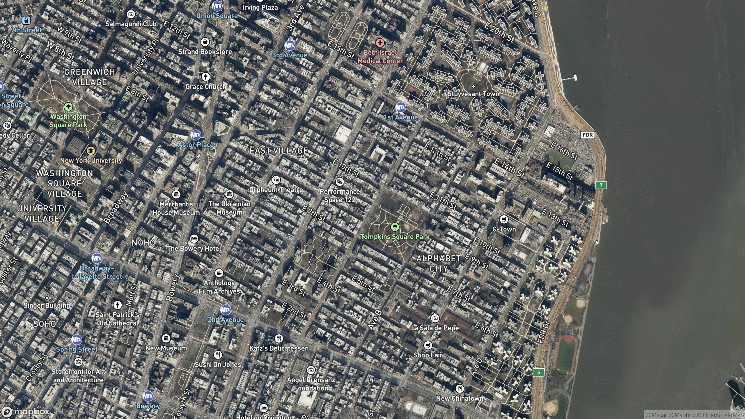 Satellite street view of the East Village and Tompkins Square Park