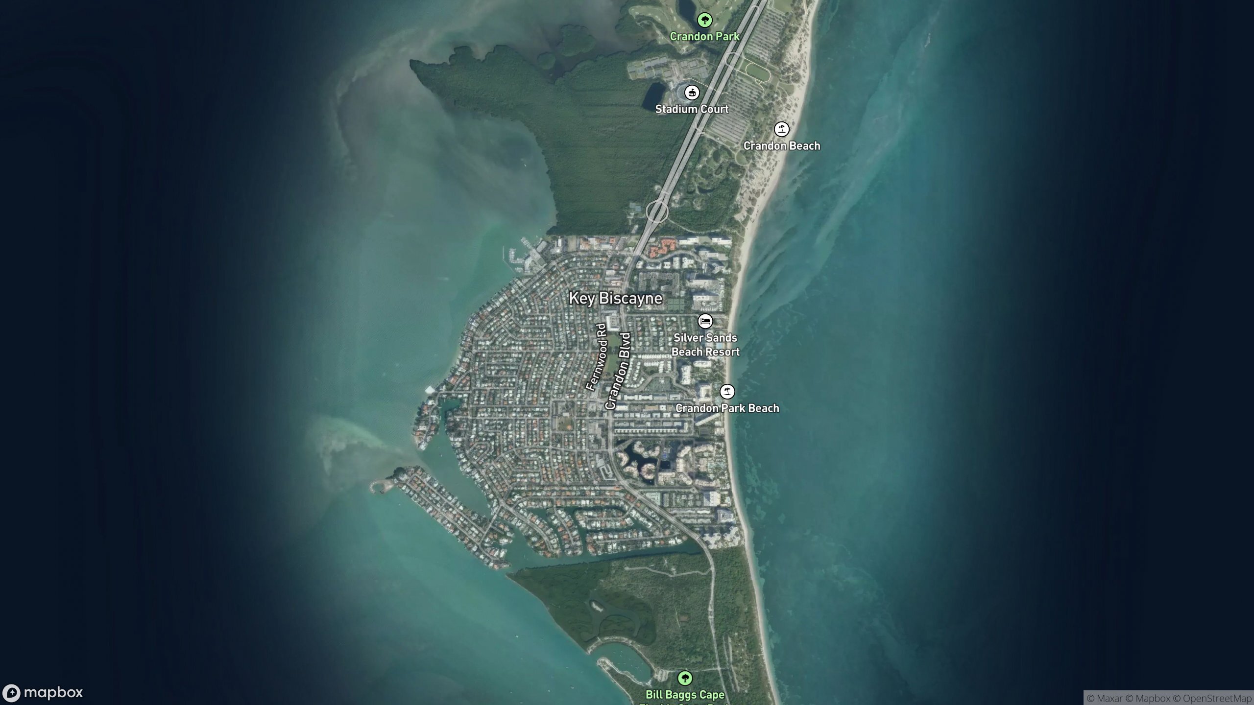 Satellite view of Key Biscayne between Biscayne Bay and the Atlantic Ocean