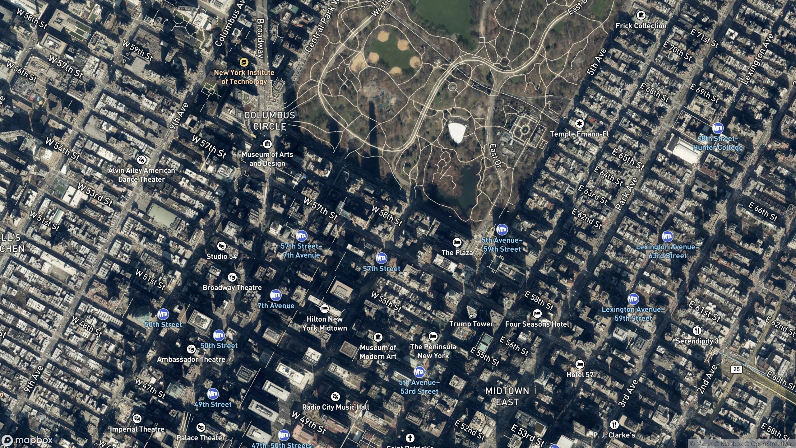 Aerial view of Central Park South and the southern edge of Central Park