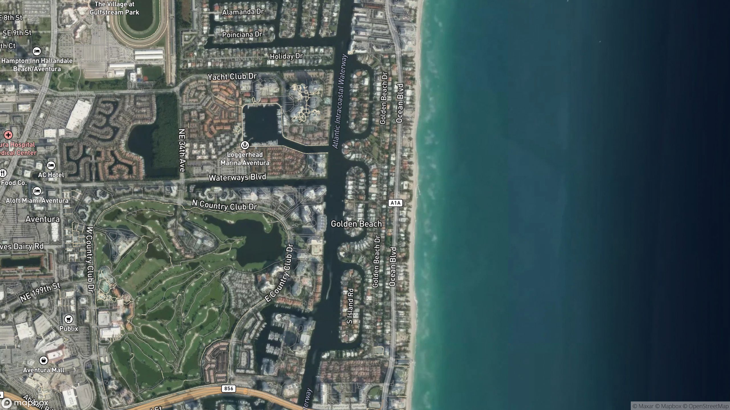 Aerial view of Golden Beach between the Atlantic Ocean and Intracoastal Waterway