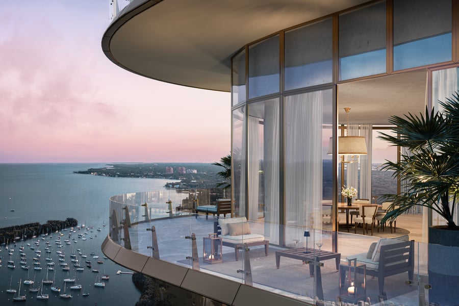 Bay and marina view from a Four Seasons Private Residences Coconut Grove balcony