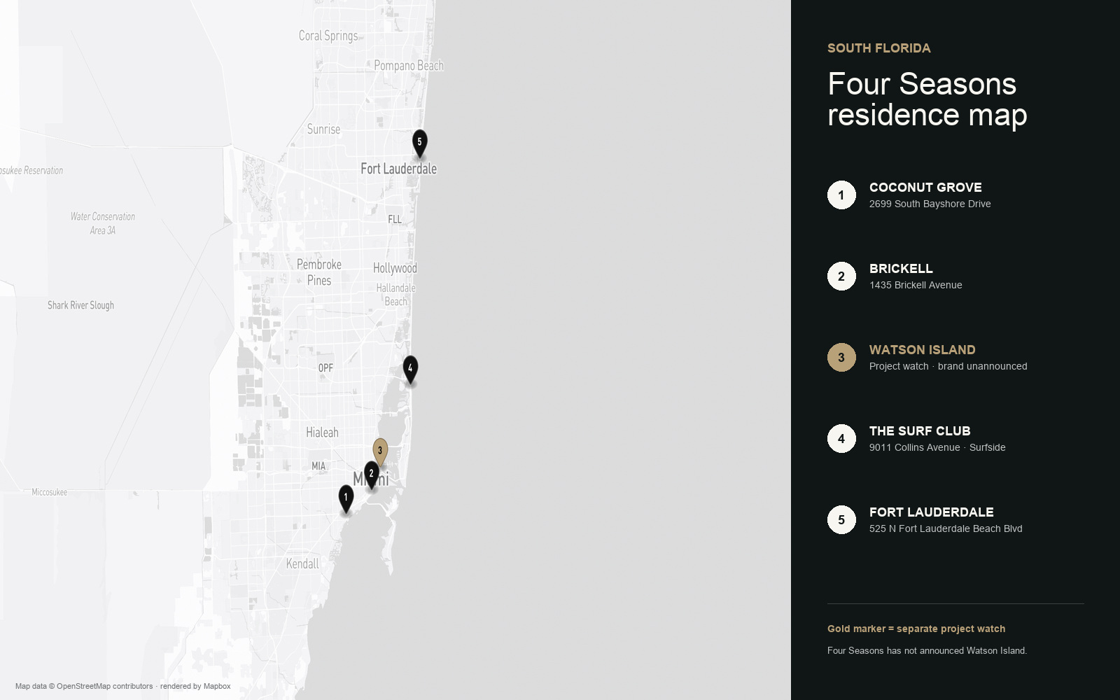 Map of Four Seasons residences in Coconut Grove, Brickell, Surfside and Fort Lauderdale, with Watson Island separately marked as an unannounced project watch