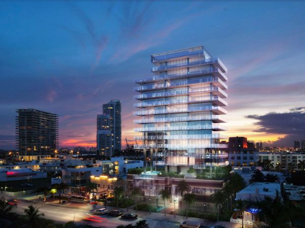 Glass Miami Beach exterior at dusk