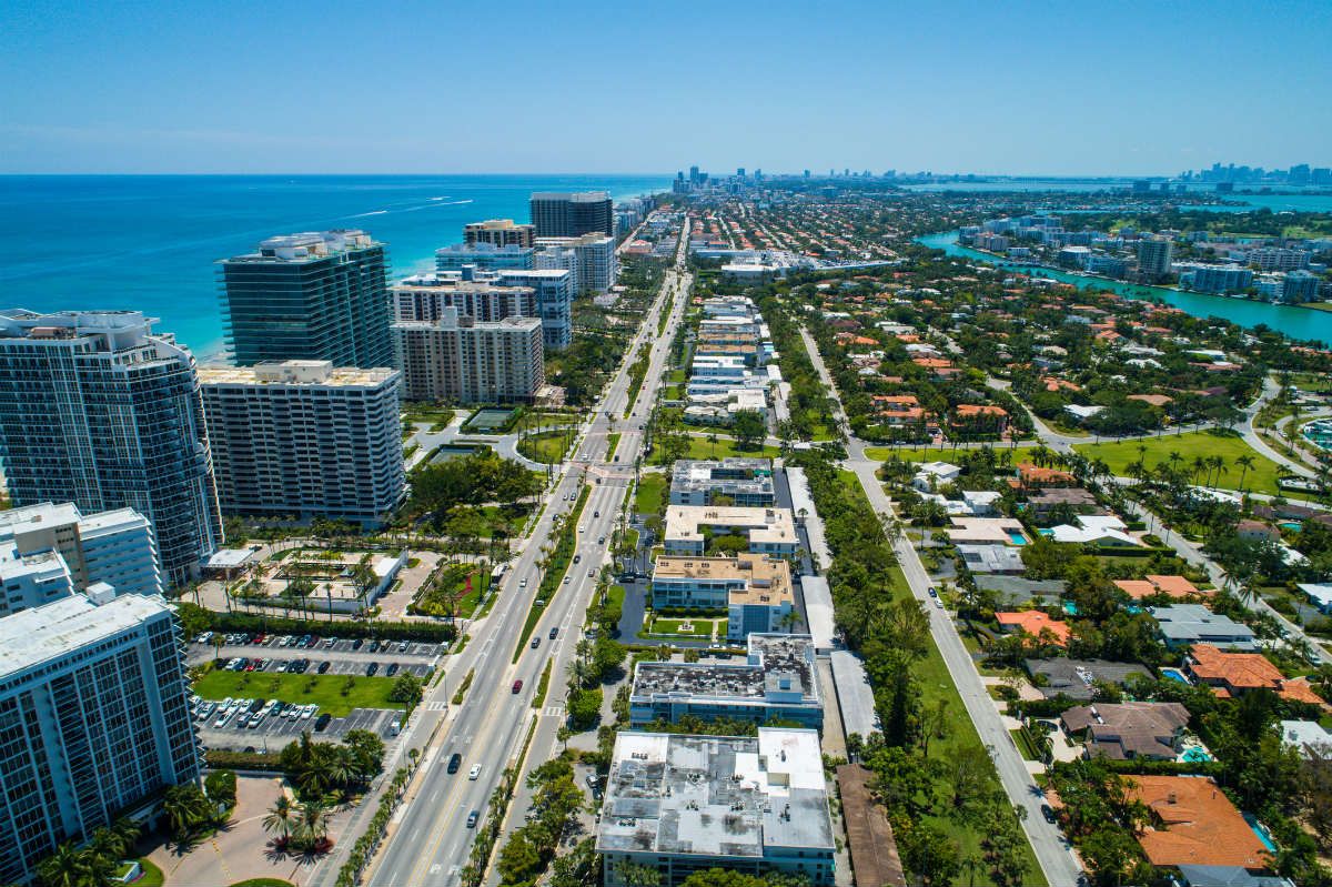 Aerial view of St. Regis Bal Harbour and the Collins Avenue corridor
