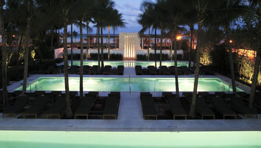 The Setai Miami Beach pools and oceanfront gardens at night