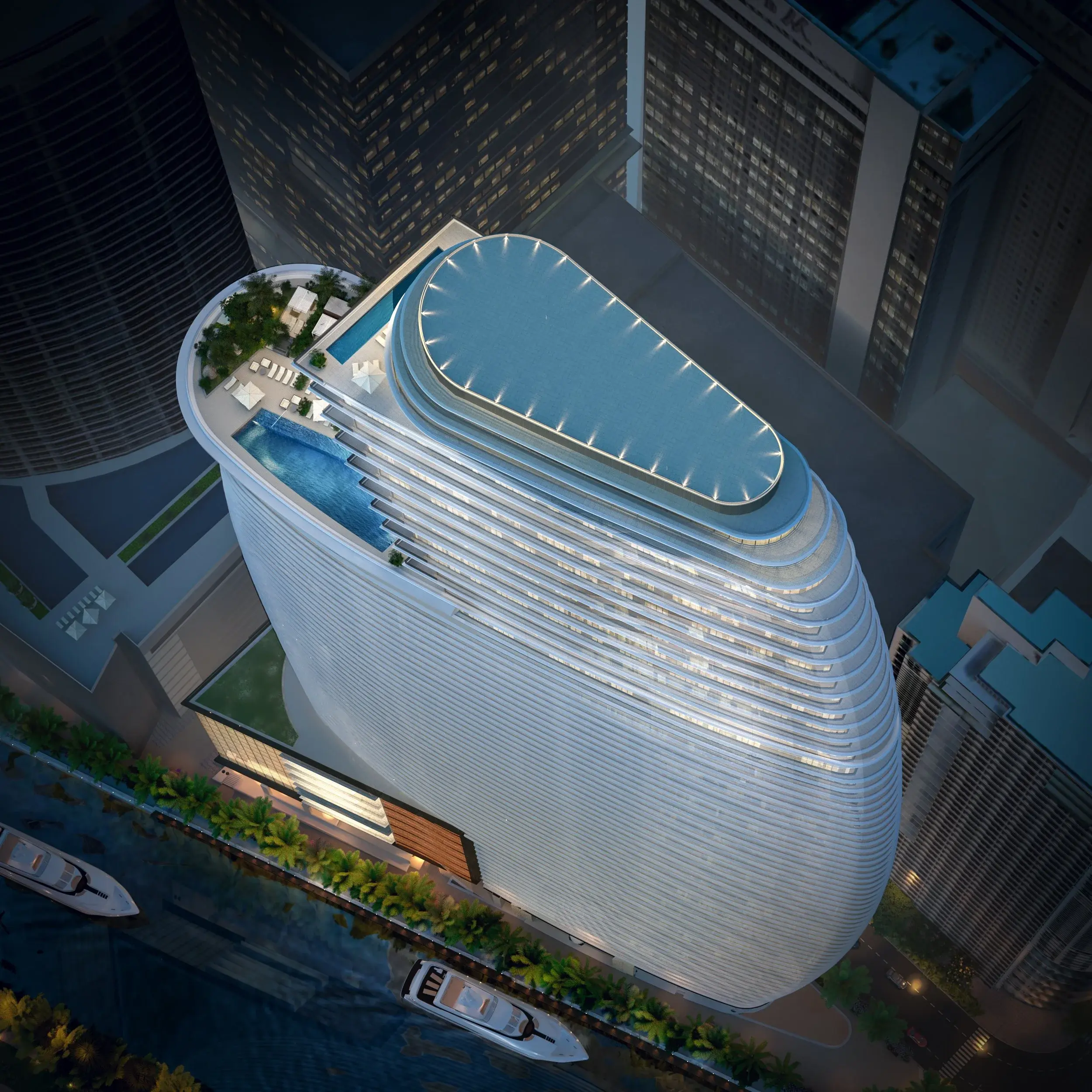 Aerial view of the Aston Martin Residences crown and waterfront terraces