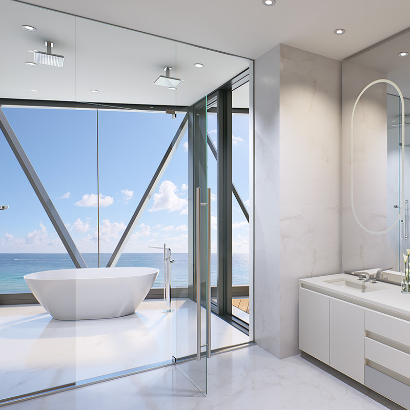 Bentley Residences spa-inspired master bathroom with freestanding tub and luxury stone finishes