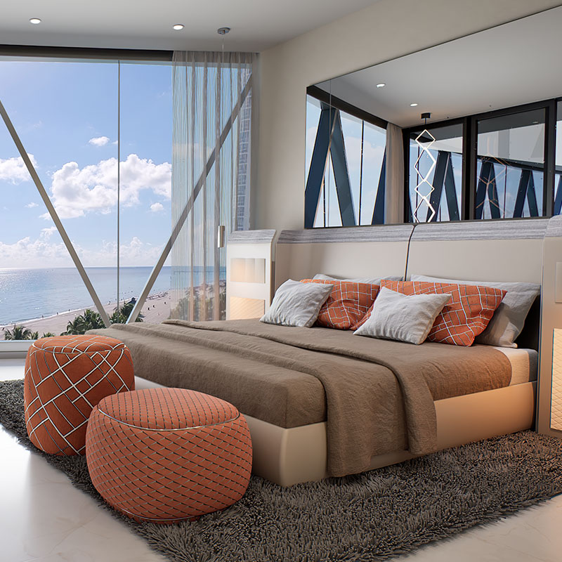 Bentley Residences master bedroom suite with ocean views, sauna, and heated floors