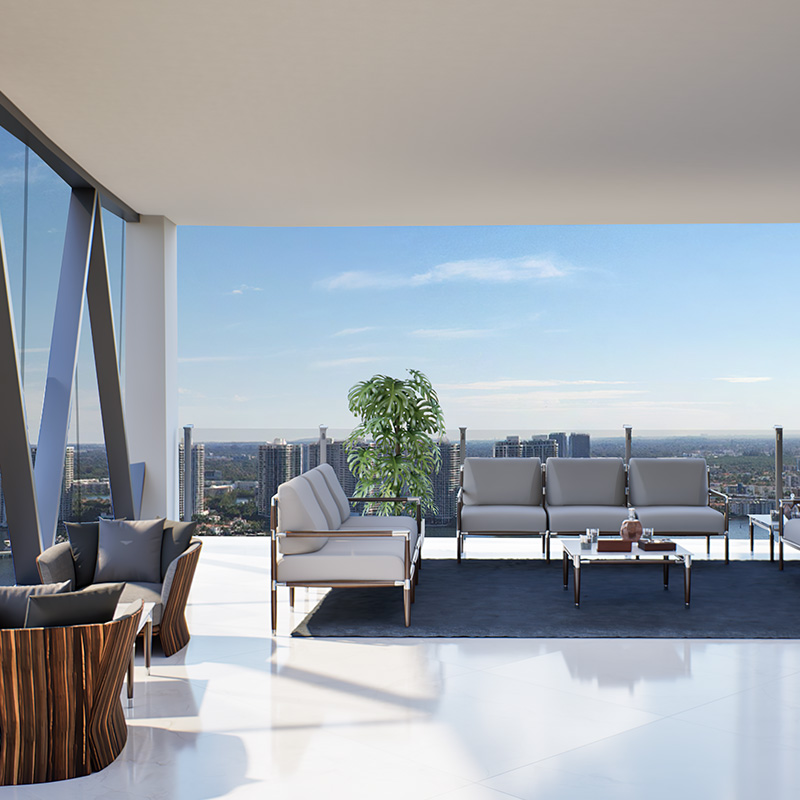 Bentley Residences expansive private terrace with summer kitchen and sunset views over the Intracoastal