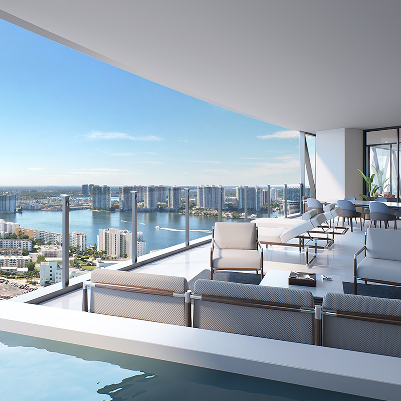 Bentley Residences west unit private pool terrace with Intracoastal sunset views