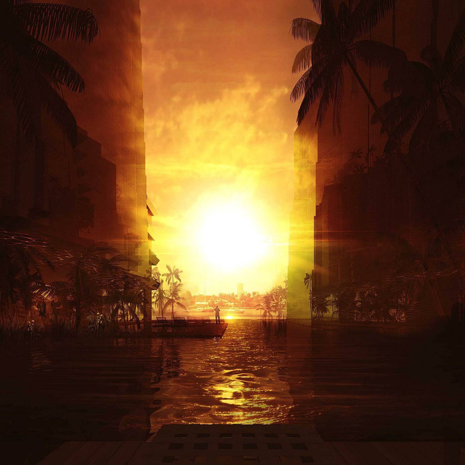 Monad Terrace central lagoon and waterfront architecture at sunset